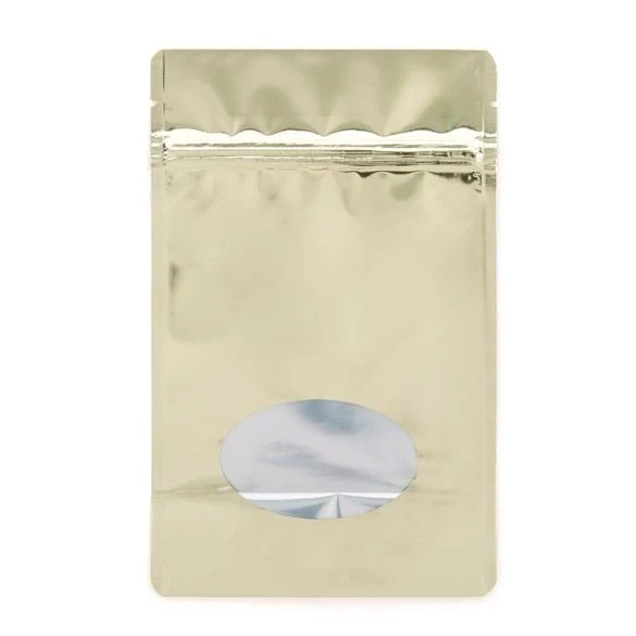 Standbodenbeutel Gold 13x8x20.5cm | 110 Gramm mit rundem Fenster (100 Stück) [ZBGMO3SG]