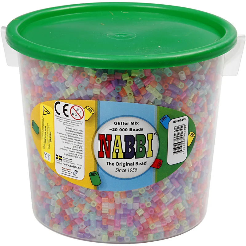 Bügelperlen, Größe 5x5 mm, Lochgröße 2,5 mm, medium, Glitter-Farben, 20000 sort./ 1 Eimer [HOB-75240]