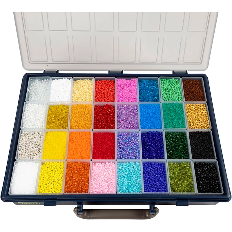 Rocailleperlen, D 1,7+3+4 mm, Größe 6/0+8/0+12/0, Lochgröße 0,5-1,2 mm, Farbe kann variieren , 32x100 g/ 1 Pck [HOB-688213]