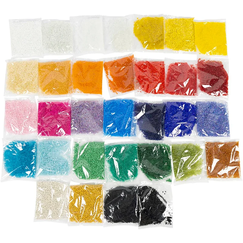 Rocailleperlen, D 1,7+3+4 mm, Größe 6/0+8/0+12/0, Lochgröße 0,5-1,2 mm, Farbe kann variieren , 32x100 g/ 1 Pck [HOB-68821]