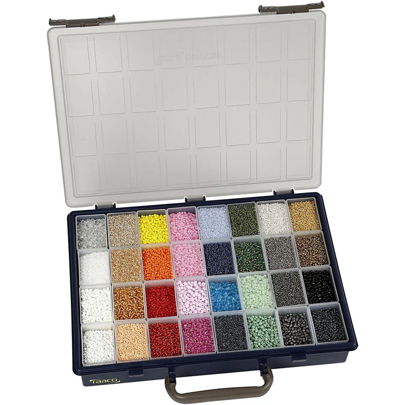 Rocailleperlen, D 1,7+3+4 mm, Größe 6/0+8/0+12/0, Lochgröße 0,5-1,2 mm, Farbe kann variieren , 32x100 g/ 1 Pck [HOB-68821]