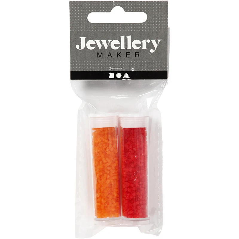 Rocaille Seed Beads 2-cut, D 1,7 mm, Größe 15/0, Lochgröße 0,5 mm, Transparent Orange, Transparent Rot, 2x7 g/ 1 Pck [HOB-68792]