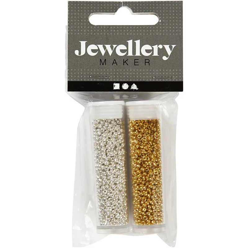 Rocailleperlen, D 1,7 mm, Größe 15/0, Lochgröße 0,5-0,8 mm, Gold, Silber, 2x7 g/ 1 Pck [HOB-68685]