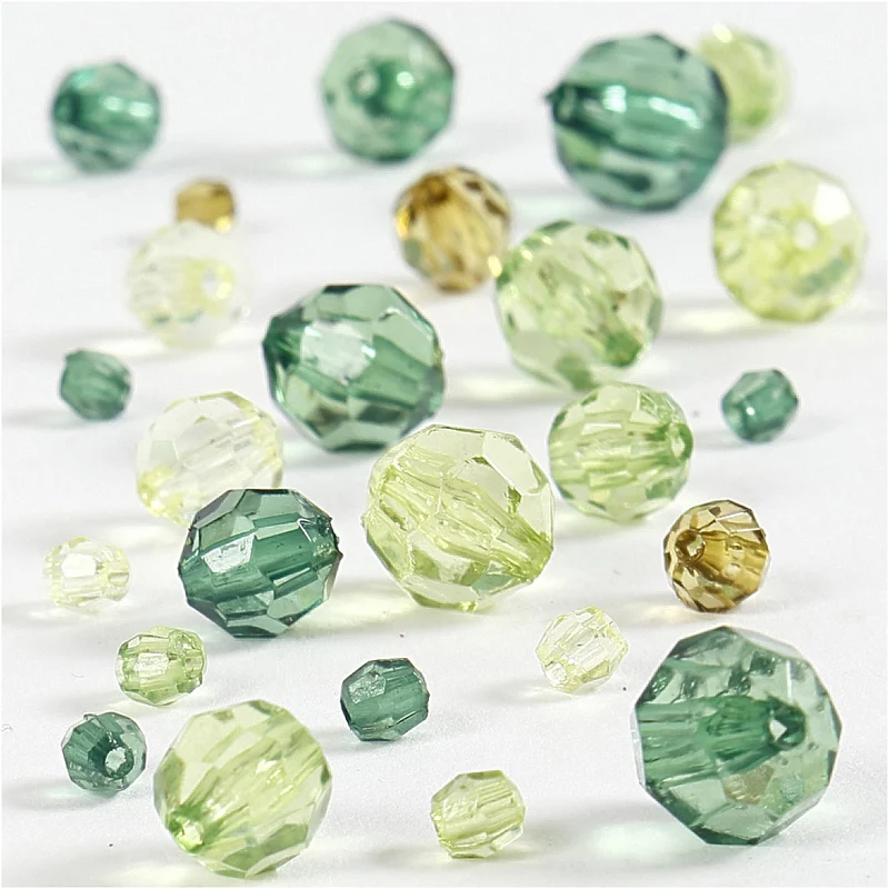 Facettenperlen, Größe 4-12 mm, Lochgröße 1-2,5 mm, ca. 170 Stk, Grün mit Glitter, 45 g/ 1 Pck [HOB-618811]