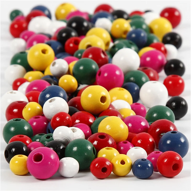 Perlen aus Holz, D 8+10+12 mm, Lochgröße 2-2,5 mm, Sortierte Farben, 400ml/ 1 Eimer, 175 g [HOB-68481]