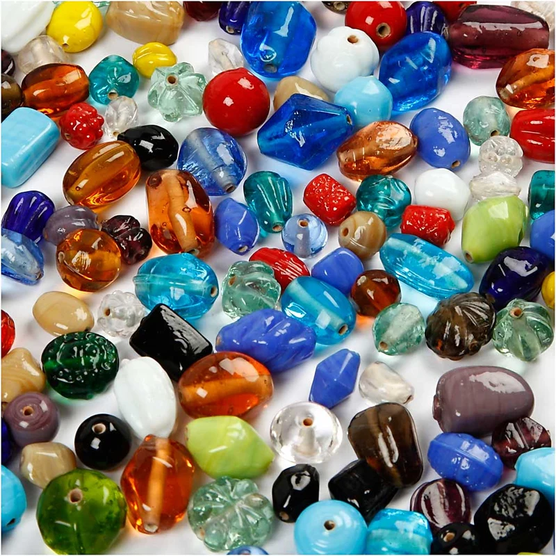 Glasperlen, Größe 7-18 mm, Lochgröße 1 mm, ca. 600 Stk, Sortierte Farben, 1000 g/ 1 Pck [HOB-68414]