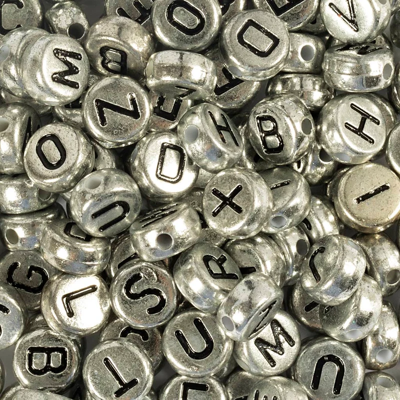 Buchstaben-Perlen, D 7 mm, Lochgröße 1,2 mm, ca. 200 Stk, Silber, 21 g/ 1 Pck [HOB-699330]