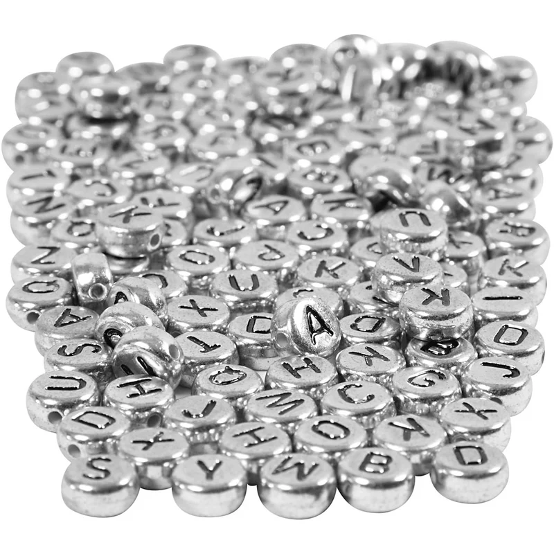 Buchstaben-Perlen, D 7 mm, Lochgröße 1,2 mm, ca. 1500 Stk, Silber, 165 g/ 1 Pck [HOB-69933]