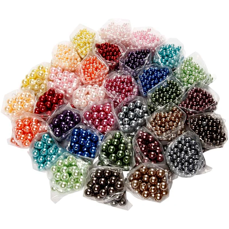 Luxus-Wachsperlen Set, D 6+10 mm, Lochgröße 1,5+2 mm, ca. 640+3040 Stk, Sortierte Farben, 32x20 g/ 1 Pck [HOB-69800]