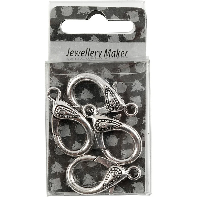 Karabinerverschluss, L 30 mm, Lochgröße 3 mm, Antiksilber, 4 Stk/ 1 Pck [HOB-63252]