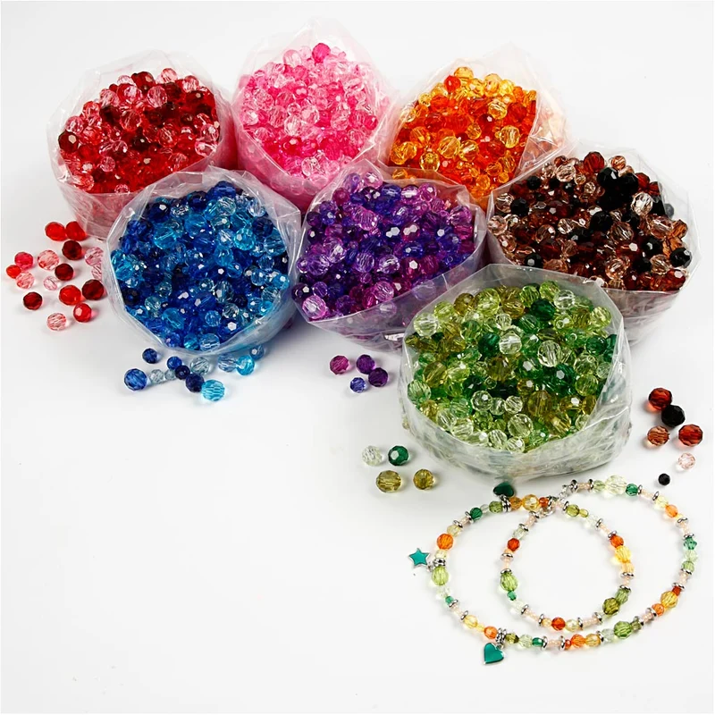 Facettenperlen, D 4-12 mm, Lochgröße 1-2,5 mm, Sortierte Farben, 7x250 g/ 1 Pck [HOB-61888]