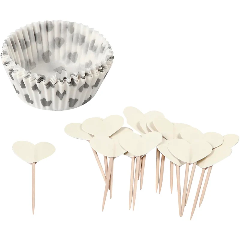 Cupcake-Formen und Picker, Naturweiß, H 3 cm, D 5 cm, 40 g, 24 Set/ 1 Pck [HOB-59150]