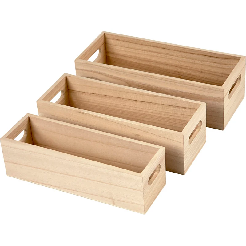 Holzkasten, H 6,5-7,5 cm, L 22+23,5+25 cm, B 6,5+7,5+8,5 cm, 3 Stk/ 1 Set [HOB-57697]