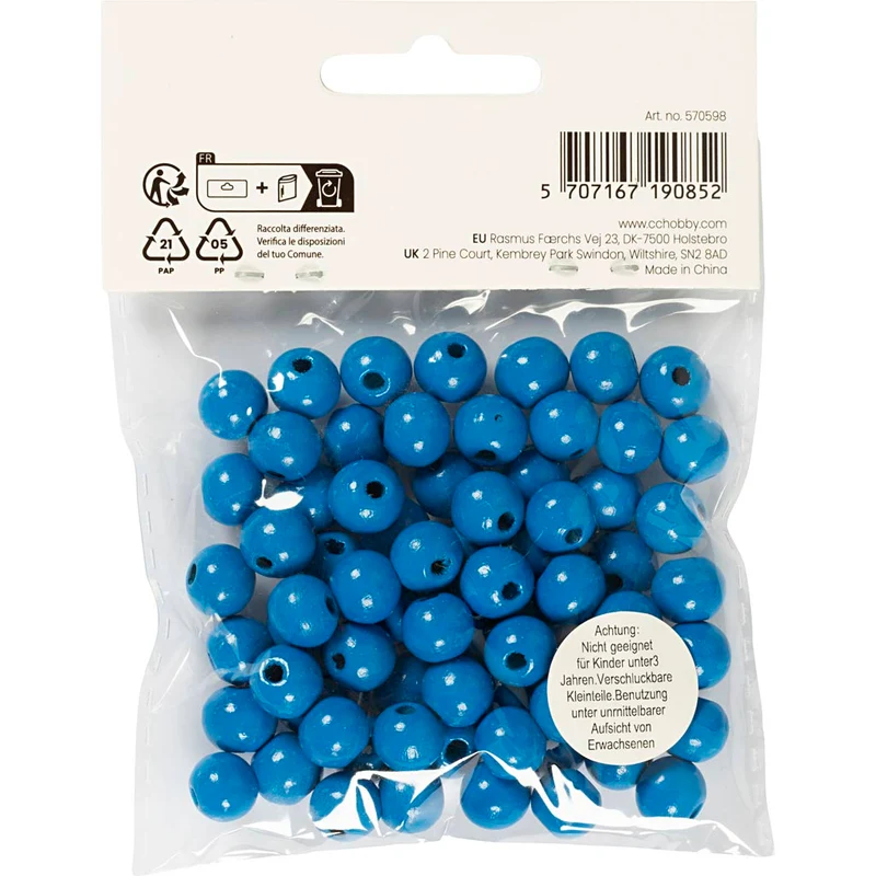 Holzperlen, D 10 mm, Lochgröße 3 mm, ca. 70 Stk, Blau, 20 g/ 1 Pck [HOB-570598]