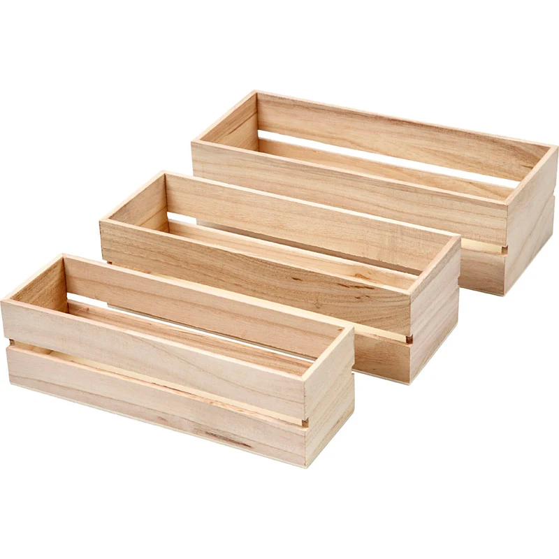 Holz Boxen, H 6,5+7+7,5 cm, L 22+23,5+25 cm, B 7+8,5+10 cm, 3 Stk/ 1 Set [HOB-57695]