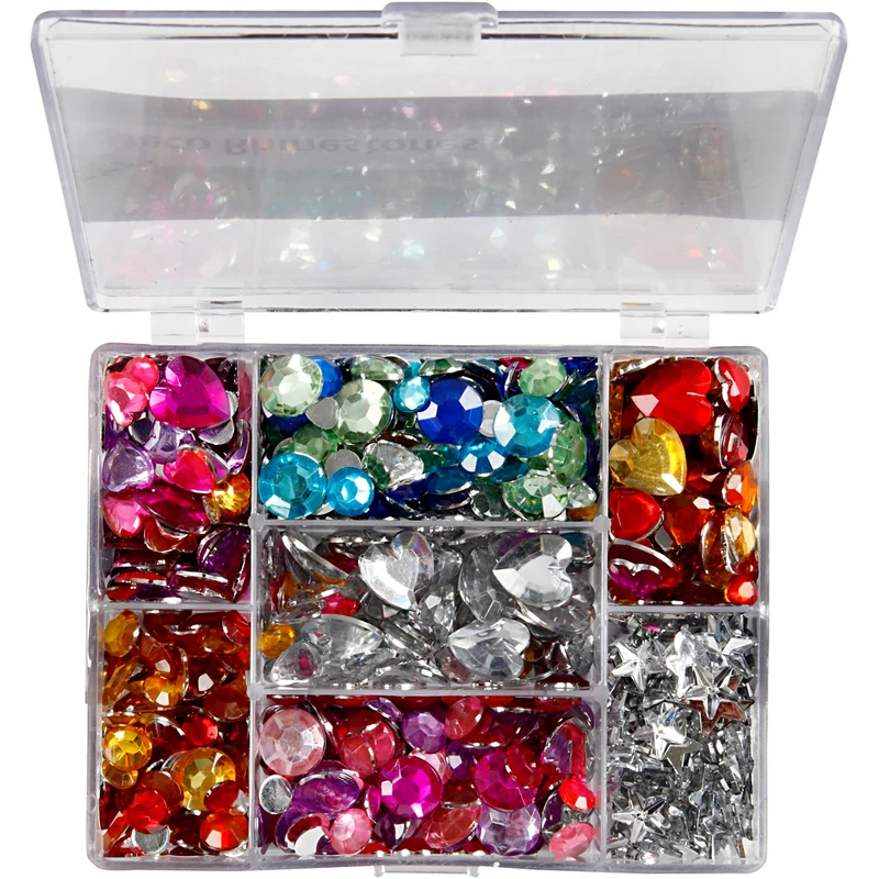 Strasssteine - Mix, Taler, Sterne, Herzen, D 6+7+9+10+11+12+14+16 mm, Blau, Pink, Silber, 300 Stk/ 1 Pck [HOB-52315]