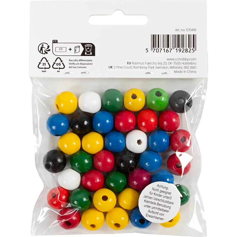 Holzperlen-Mix, D 12 mm, Lochgröße 3 mm, ca. 40 sort., Sortierte Farben, 22 g/ 1 Pck [HOB-570419]