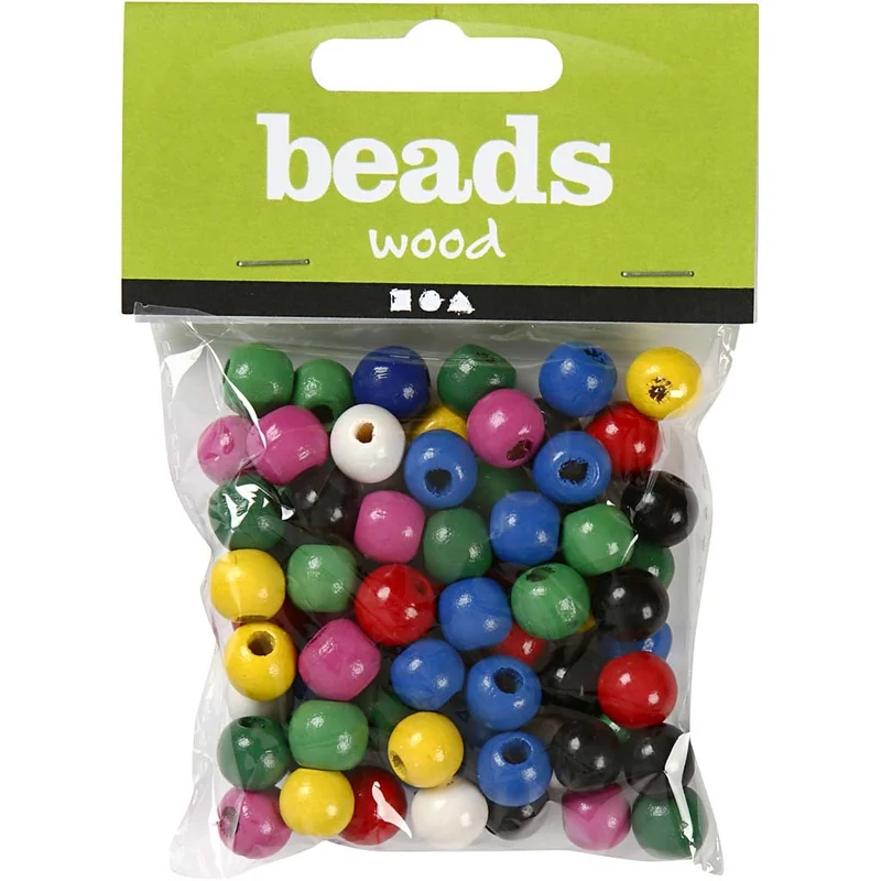 Holzperlen-Mix, D 12 mm, Lochgröße 3 mm, ca. 40 sort., Sortierte Farben, 22 g/ 1 Pck [HOB-570419]