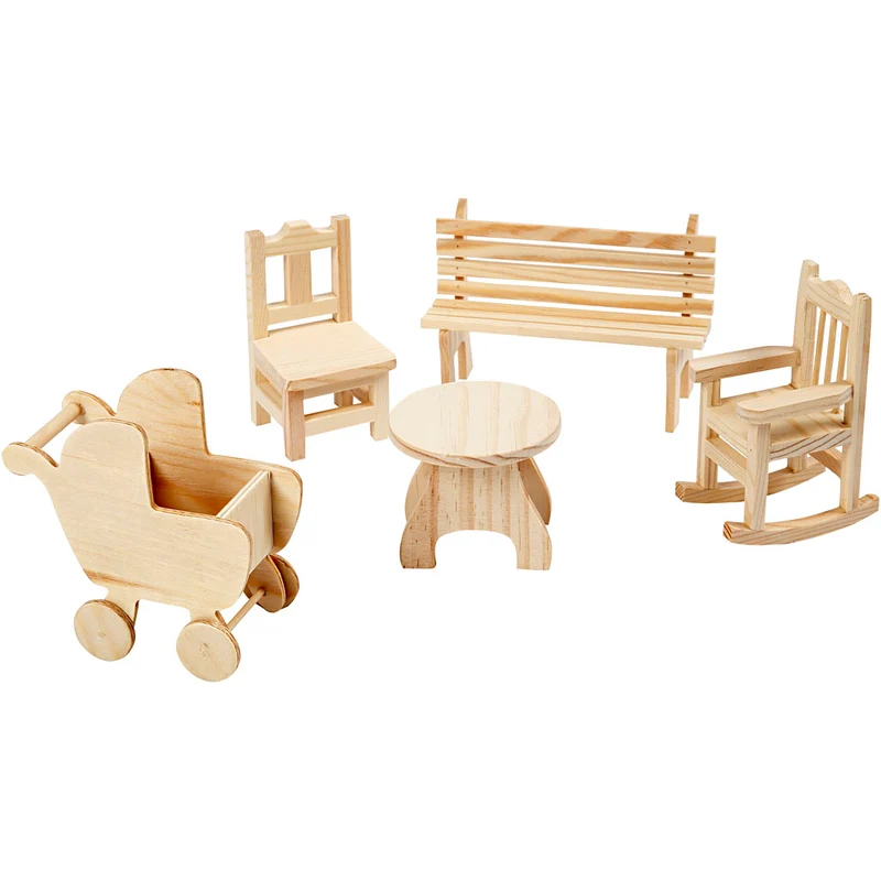 Mini-Möbel - Sortiment, Gartentisch, Kinderwagen, Stuhl, Schaukelstuhl, Bank, H 5,8-10,5 cm, 50 Stk/ 1 Pck [HOB-56473]