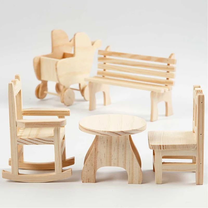 Mini-Möbel - Sortiment, Gartentisch, Kinderwagen, Stuhl, Schaukelstuhl, Bank, H 5,8-10,5 cm, 50 Stk/ 1 Pck [HOB-56473]