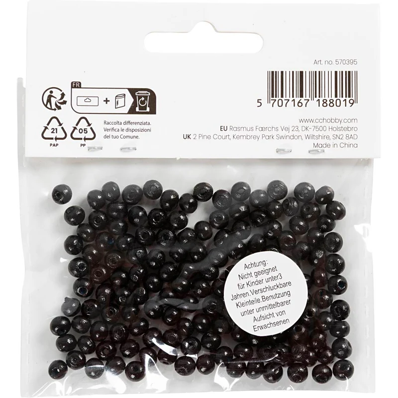 Holzperlen, D 5 mm, Lochgröße 1,5 mm, ca. 150 Stk, Schwarz, 6 g/ 1 Pck [HOB-570395]