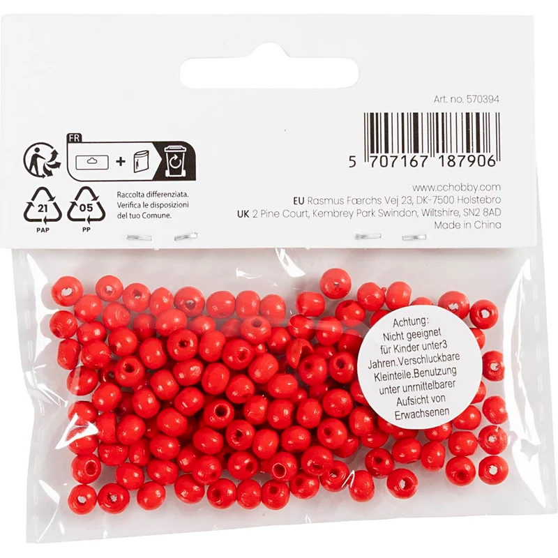 Holzperlen, D 5 mm, Lochgröße 1,5 mm, ca. 150 Stk, Rot, 6 g/ 1 Pck [HOB-570394]