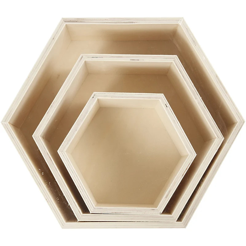 Aufbewahrungskästen, sechseckig, Sechsecke, H 14,8+19+24,2 cm, T 10 cm, 3 Stk/ 1 Set [HOB-56430]