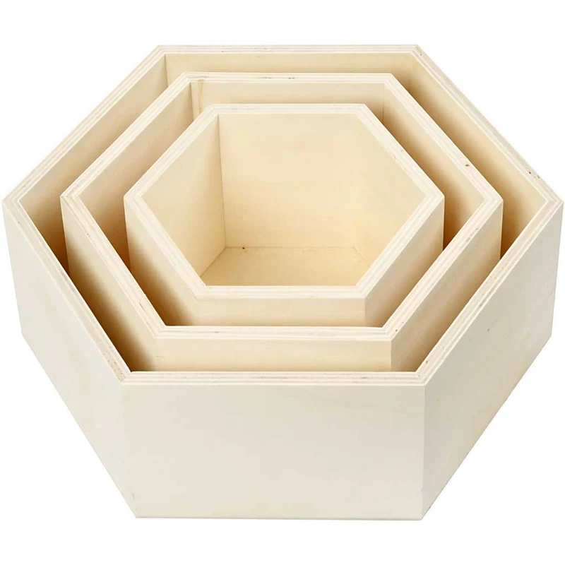 Aufbewahrungskästen, sechseckig, Sechsecke, H 14,8+19+24,2 cm, T 10 cm, 3 Stk/ 1 Set [HOB-56430]