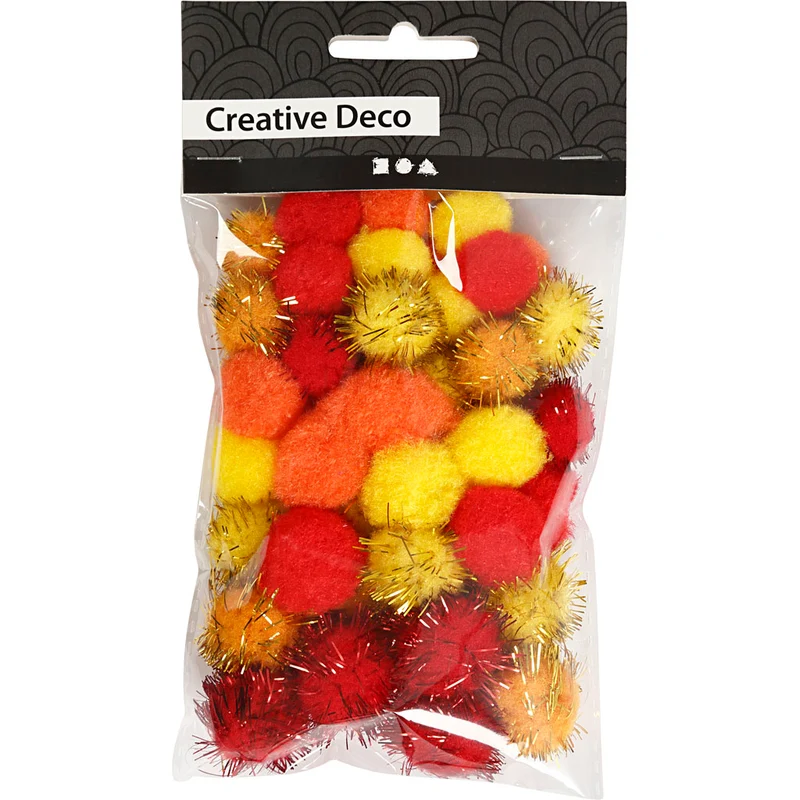 Pompons, D 15+20 mm, Orange, Rot, Gelb, 48 sort./ 1 Pck [HOB-51882]