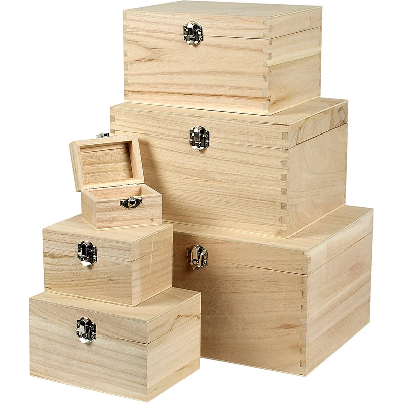 Holzkisten-Set, H 5+7+9+11+13+15 cm, L 8+11,8+15,8+20+24+27,7 cm, B 5,8+8,8+12+15+18+21 cm, 6 Stk/ 1 Set [HOB-57542]
