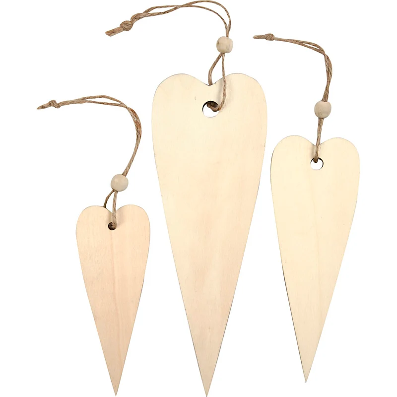 Holzdekorationen zum Aufhängen, längliche Herzen, H 12+16+20 cm, Dicke 5 mm, 3 Stk/ 1 Pck [HOB-56735]