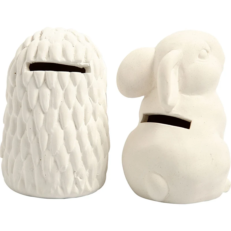 Tier-Spardosen, Igel und Hase, H 10 cm, Weiß, 2 Stk/ 1 Pck [HOB-50571]