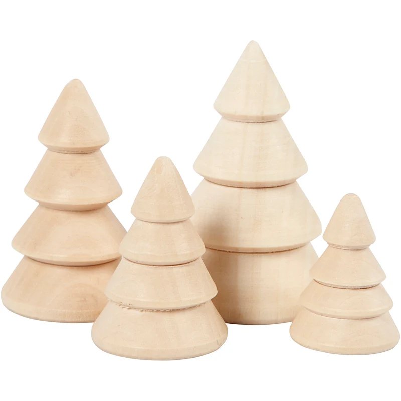 Weihnachtsbäume aus Holz, H 3,3+4,3+5,3+6,3 cm, D 2,3+3+3,2+4 cm, 4 Stk/ 1 Pck [HOB-56239]