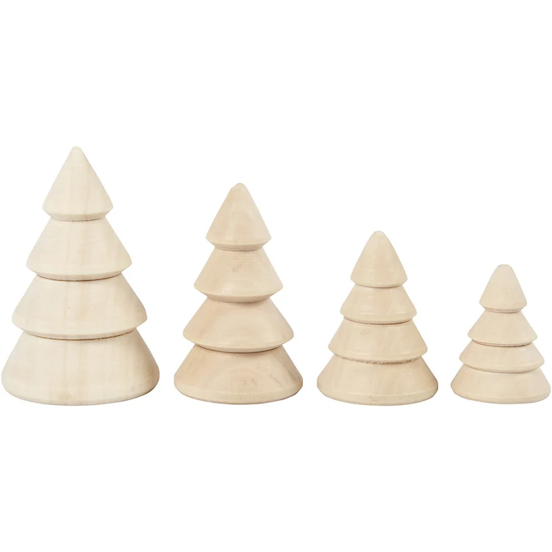 Weihnachtsbäume aus Holz, H 3,3+4,3+5,3+6,3 cm, D 2,3+3+3,2+4 cm, 4 Stk/ 1 Pck [HOB-56239]