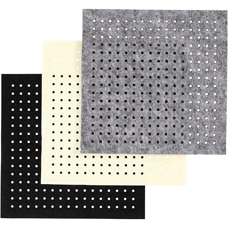 Bastelfilz mit Löchern, Größe 20x20 cm, Dicke 3 mm, Schwarz, Grau, Naturweiß, 3x4 Bl./ 1 Pck [HOB-45208]