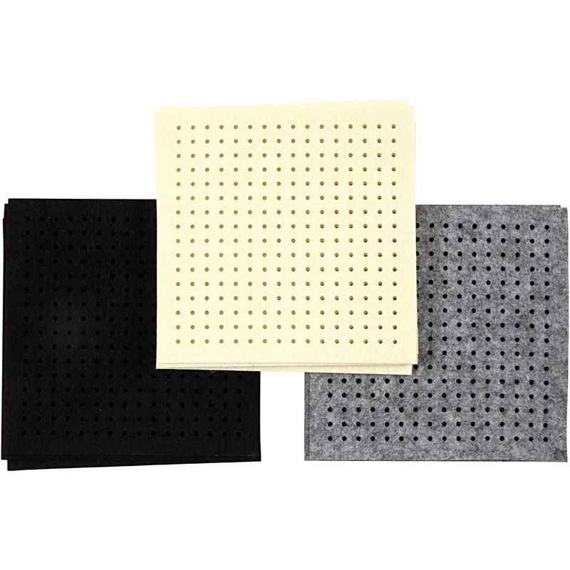 Bastelfilz mit Löchern, Größe 20x20 cm, Dicke 3 mm, Schwarz, Grau, Naturweiß, 3x4 Bl./ 1 Pck [HOB-45208]