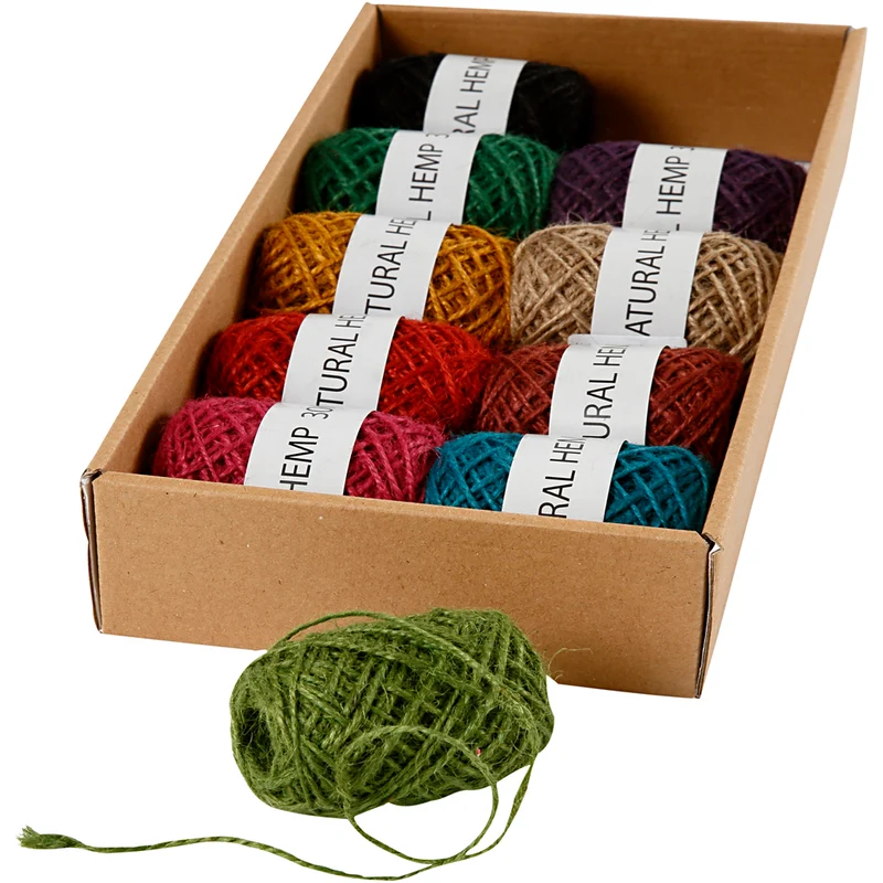 Hanfschnur - Set, Dicke 1-2 mm, Sortierte Farben, 10x30 m/ 1 Pck [HOB-50315]