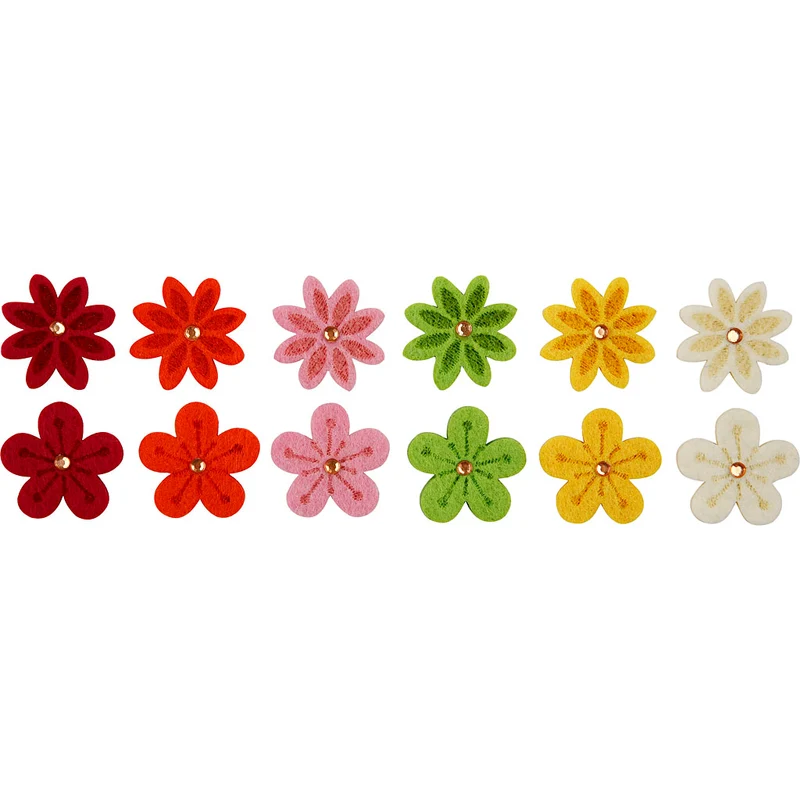 Filzblumen mit Strassstein, D 30 mm, Dicke 2,5 mm, 12 Stk/ 1 Pck [HOB-450760]