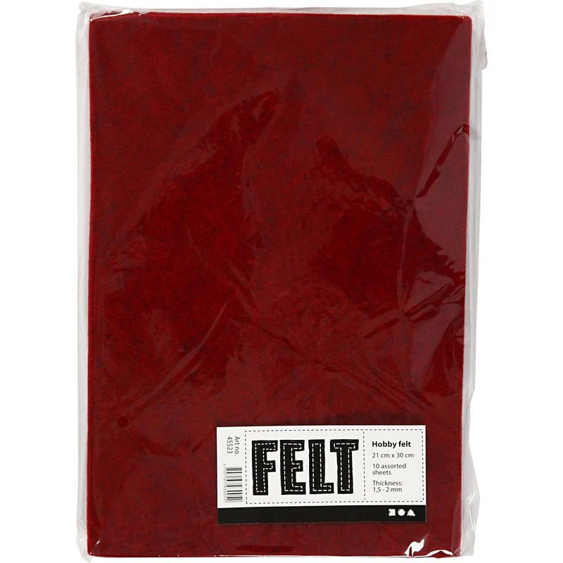 Bastelfilz, A4, Blatt 210x297 mm, Dicke 1,5-2 mm, meliert, Rot, 10 Bl./ 1 Pck [HOB-45523]
