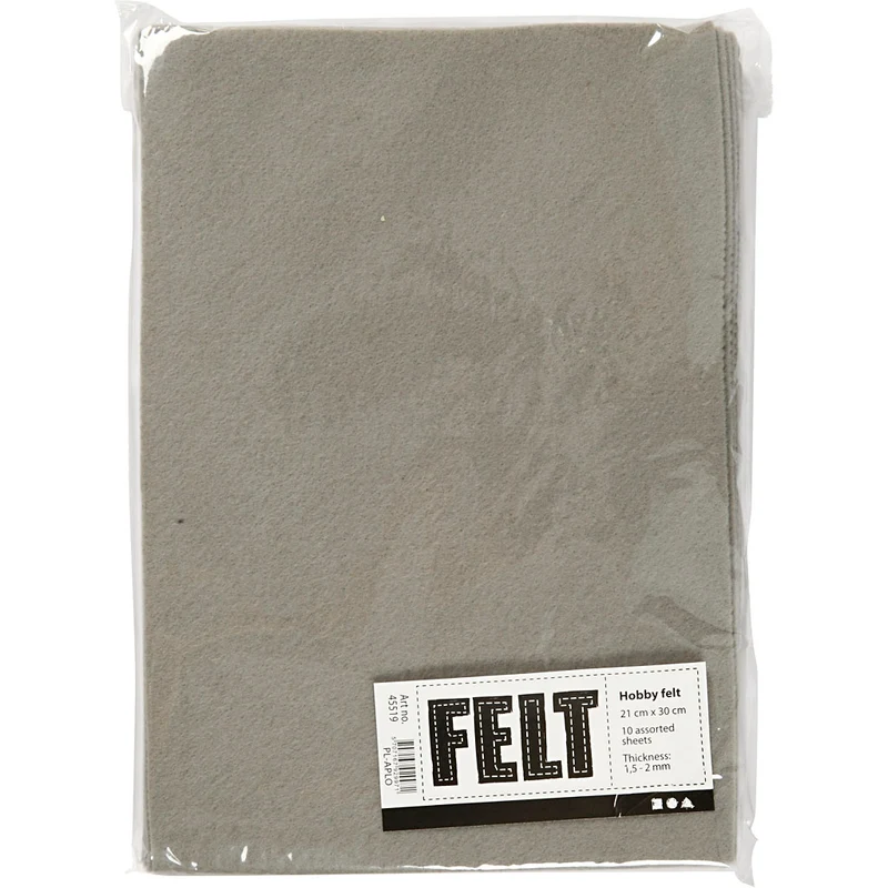 Bastelfilz, A4, Blatt 210x297 mm, Dicke 1,5-2 mm, Grau, 10 Bl./ 1 Pck [HOB-45519]