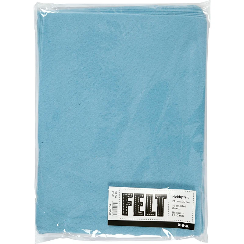 Bastelfilz, A4, Blatt 210x297 mm, Dicke 1,5-2 mm, Hellblau, 10 Bl./ 1 Pck [HOB-45511]