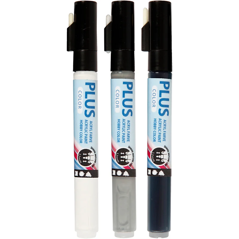 Plus Color Marker, L 14,5 cm, Strichstärke 1-2 mm, Schwarz, Naturweiß, Regengrau, 5,5 ml, 3 Stk/ 1 Pck [HOB-39898]