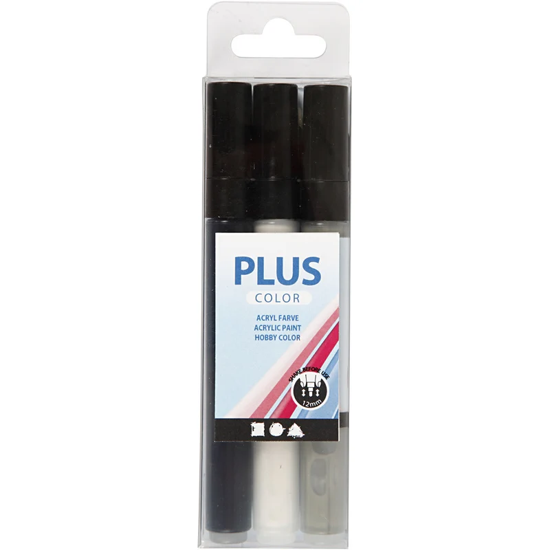 Plus Color Marker, L 14,5 cm, Strichstärke 1-2 mm, Schwarz, Naturweiß, Regengrau, 5,5 ml, 3 Stk/ 1 Pck [HOB-39898]
