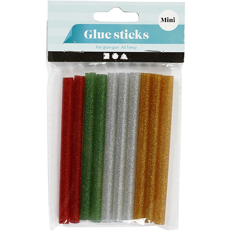 Klebesticks Mini, L 10 cm, D 7 mm, Glitter, Gold, Grün, Rot, Silber, 10 Stk/ 1 Pck [HOB-39137]