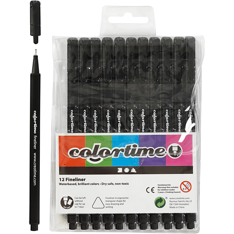 Colortime Fineliner Filzstifte, Strichstärke 0,6-0,7 mm, Schwarz, 12 Stk/ 1 Pck [HOB-373661]