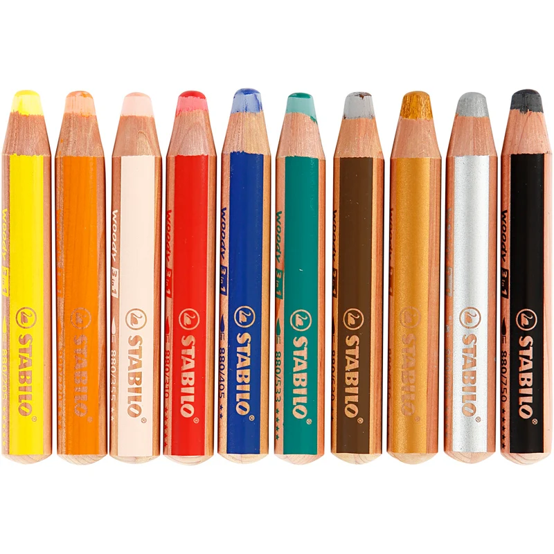 Woody 3-in-1 Buntstifte, L 11 cm, Dicke 16 mm, Mine 10 mm, Sortierte Farben, 10 Stk/ 1 Pck [HOB-38190]