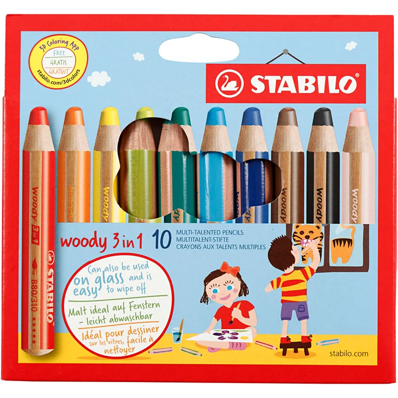 Woody 3-in-1 Buntstifte, L 11 cm, Dicke 16 mm, Mine 10 mm, Sortierte Farben, 10 Stk/ 1 Pck [HOB-38190]