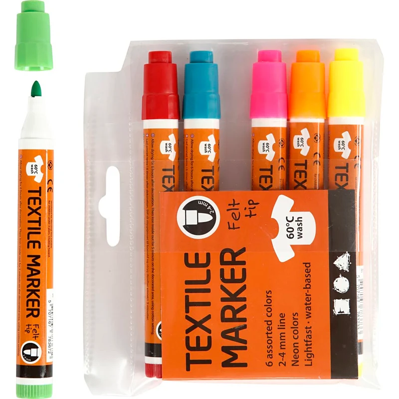 Stoffmalstifte, Strichstärke 2-4 mm, Neonfarben, 6 Stk/ 1 Pck [HOB-34835]