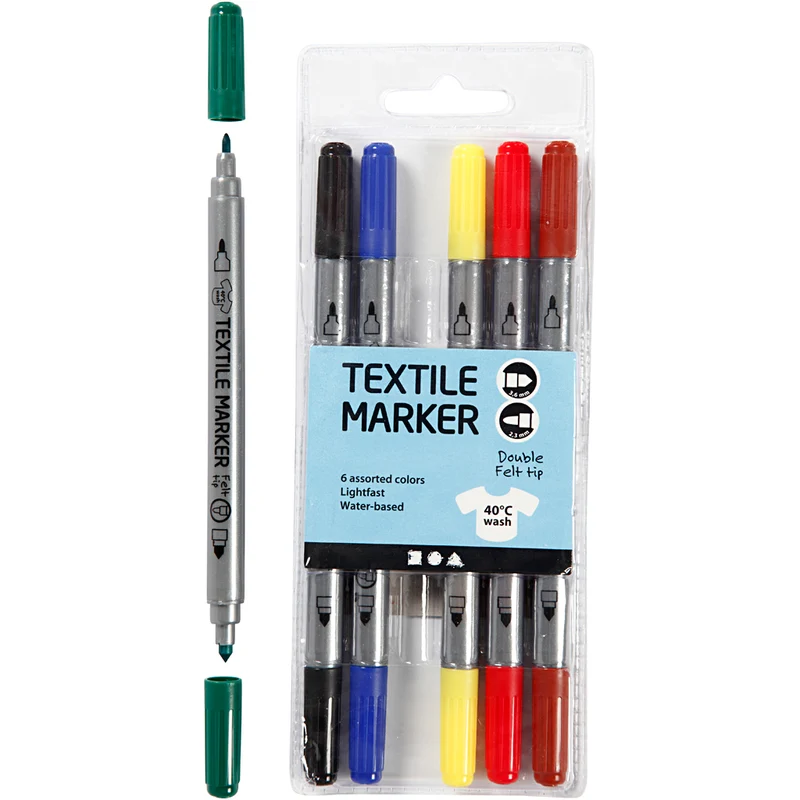 Textil-Marker, Strichstärke 2,3+3,6 mm, Standard-Farben, 6 Stk/ 1 Pck [HOB-34819]