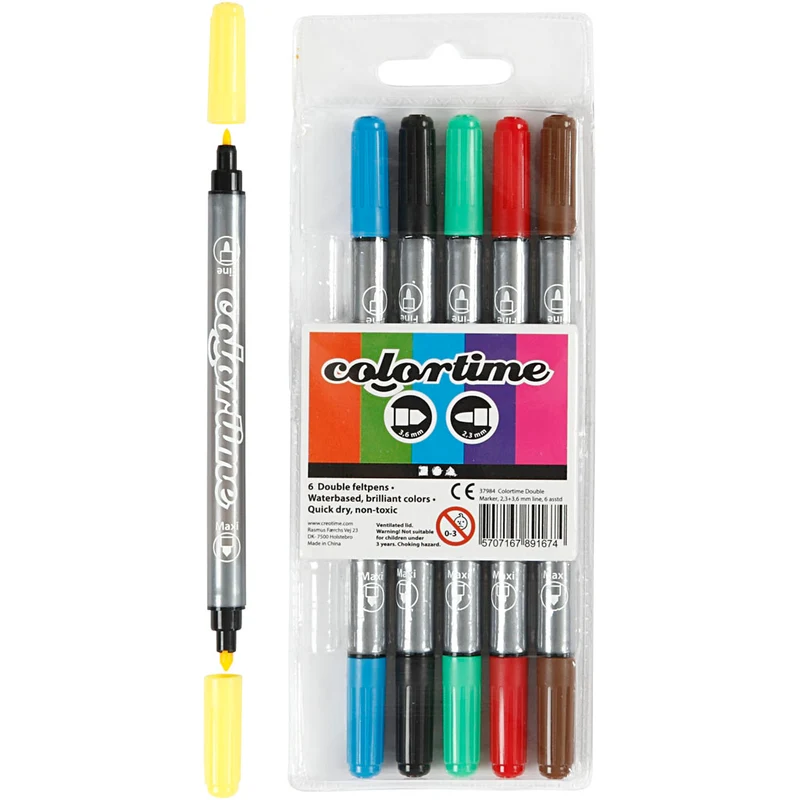 Colortime Dual-Filzstifte, Strichstärke 2,3+3,6 mm, Standard-Farben, 6 Stk/ 1 Pck [HOB-37984]